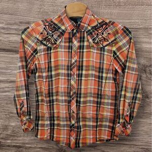 ROAR Shirt Size XL Orange Plaid SIGNATURE Western Button-Up Embroidered‎ Cross